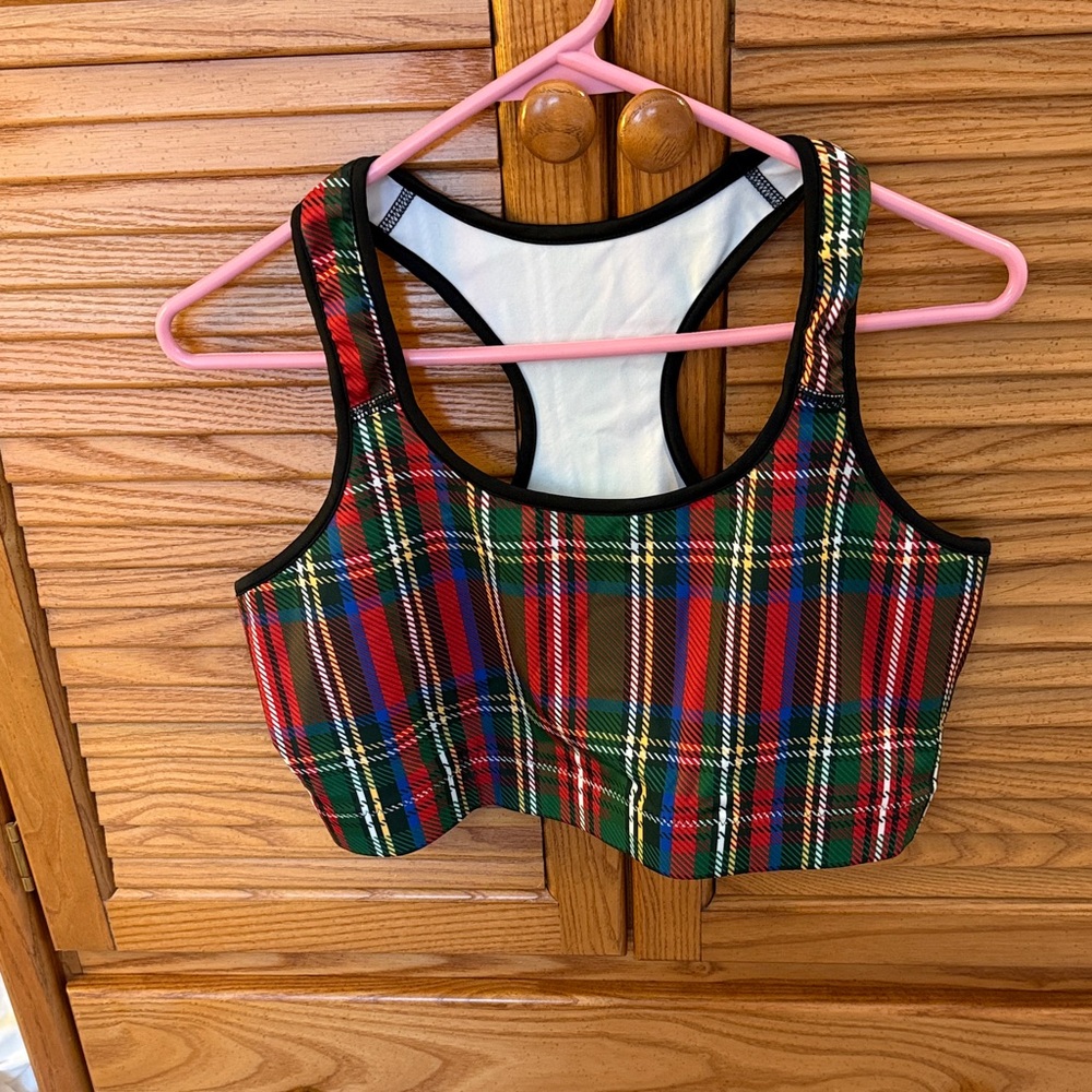 NWOT Plaid Sports Bra - Red, Green,  Size XL